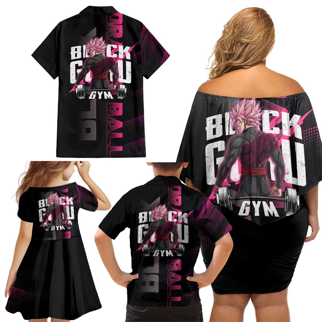 Goku Black Rose Dragon Ball Gym Theme Family Matching Off Shoulder Short Dress and Hawaiian Shirt with Dumbbell Power Lift and Pink Electric Aura on Black Design