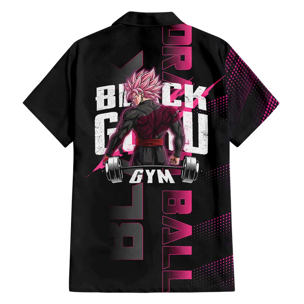 Goku Black Rose Dragon Ball Gym Theme Family Matching Off Shoulder Short Dress and Hawaiian Shirt with Dumbbell Power Lift and Pink Electric Aura on Black Design