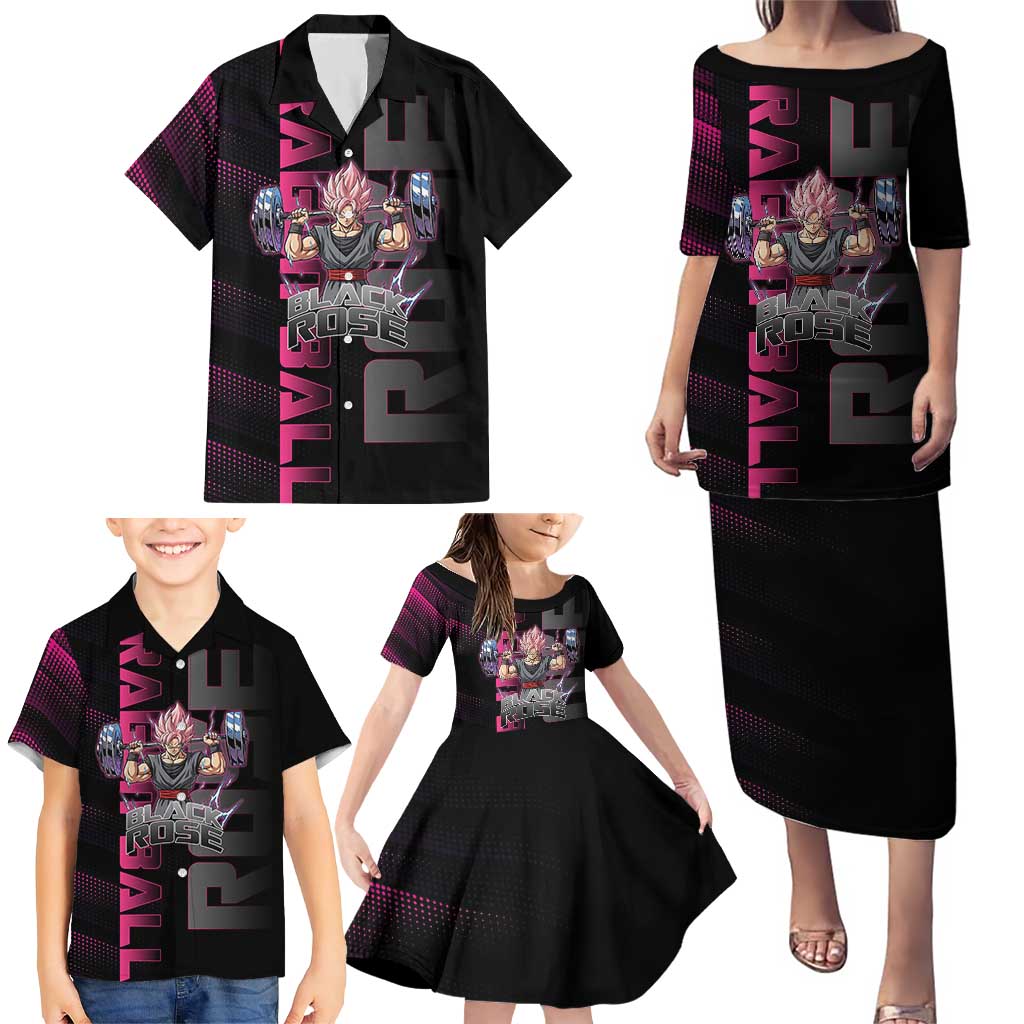 Goku Black Rose Dragon Ball Gym Theme Family Matching Puletasi and Hawaiian Shirt with Dumbbell Power Lift and Pink Electric Aura on Black Design