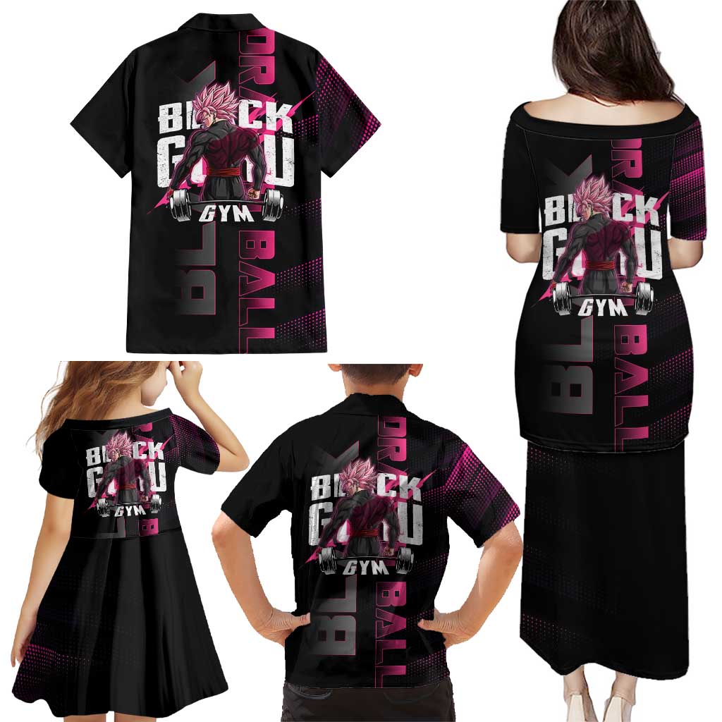 Goku Black Rose Dragon Ball Gym Theme Family Matching Puletasi and Hawaiian Shirt with Dumbbell Power Lift and Pink Electric Aura on Black Design