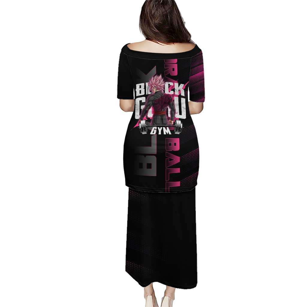 Goku Black Rose Dragon Ball Gym Theme Family Matching Puletasi and Hawaiian Shirt with Dumbbell Power Lift and Pink Electric Aura on Black Design