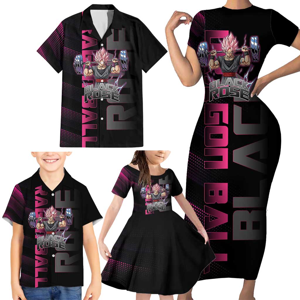 Goku Black Rose Dragon Ball Gym Theme Family Matching Short Sleeve Bodycon Dress and Hawaiian Shirt with Dumbbell Power Lift and Pink Electric Aura on Black Design
