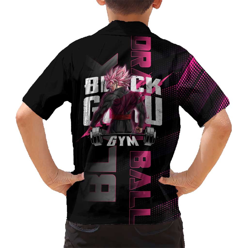 Goku Black Rose Dragon Ball Gym Theme Family Matching Short Sleeve Bodycon Dress and Hawaiian Shirt with Dumbbell Power Lift and Pink Electric Aura on Black Design