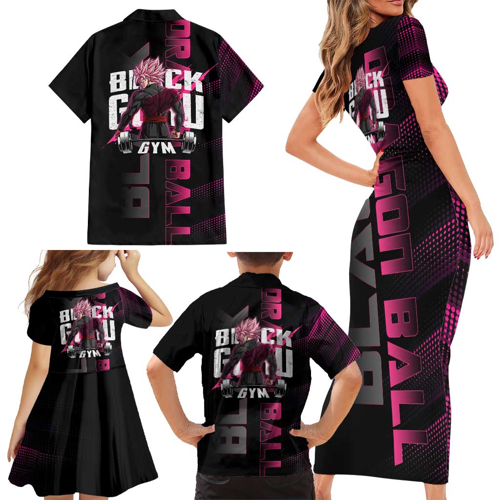 Goku Black Rose Dragon Ball Gym Theme Family Matching Short Sleeve Bodycon Dress and Hawaiian Shirt with Dumbbell Power Lift and Pink Electric Aura on Black Design