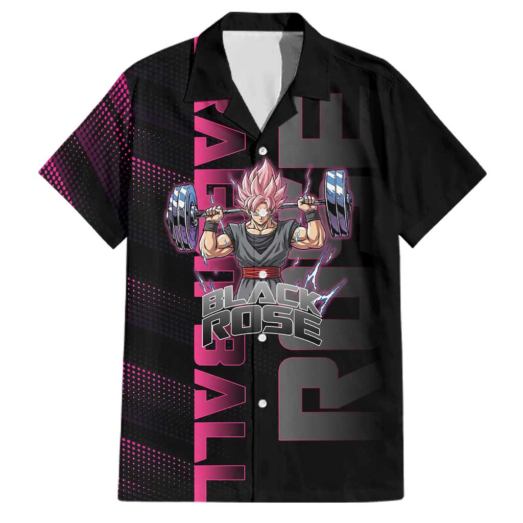 Goku Black Rose Dragon Ball Gym Theme Family Matching Short Sleeve Bodycon Dress and Hawaiian Shirt with Dumbbell Power Lift and Pink Electric Aura on Black Design