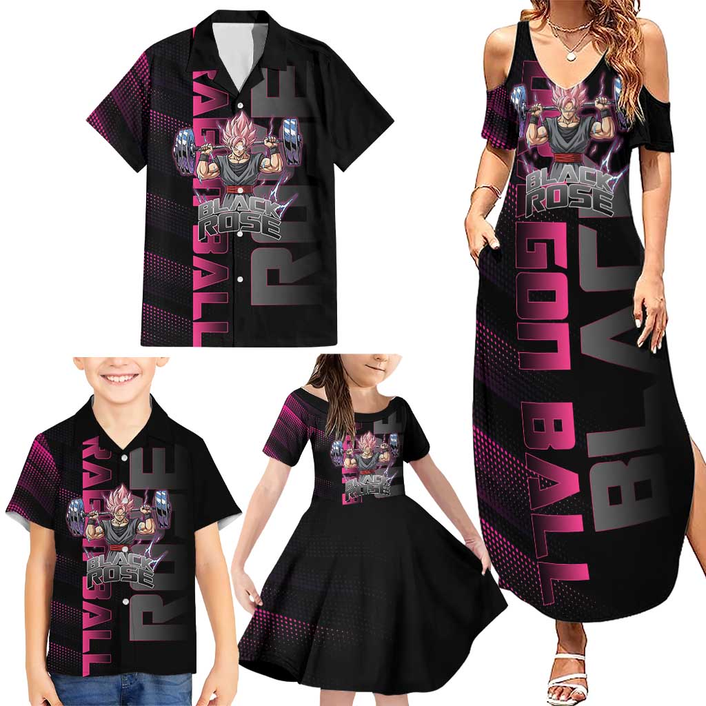 Goku Black Rose Dragon Ball Gym Theme Family Matching Summer Maxi Dress and Hawaiian Shirt with Dumbbell Power Lift and Pink Electric Aura on Black Design