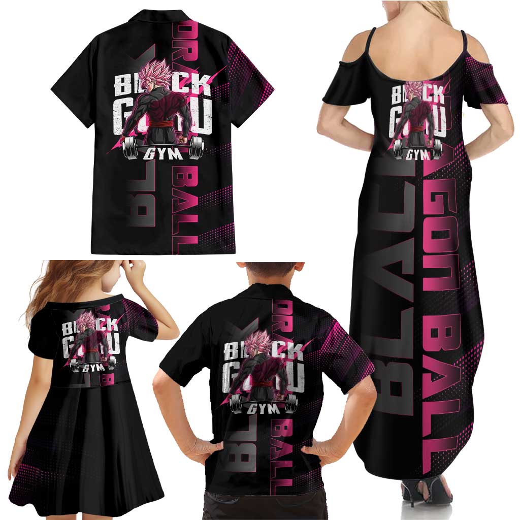 Goku Black Rose Dragon Ball Gym Theme Family Matching Summer Maxi Dress and Hawaiian Shirt with Dumbbell Power Lift and Pink Electric Aura on Black Design