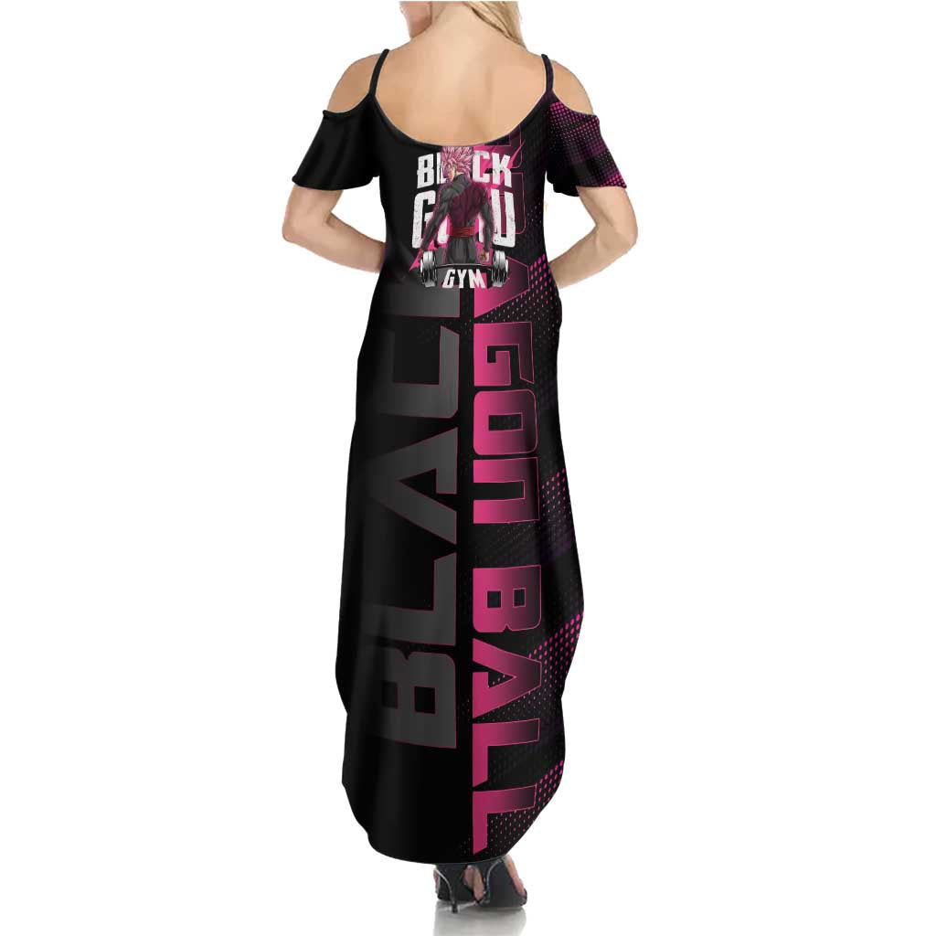 Goku Black Rose Dragon Ball Gym Theme Family Matching Summer Maxi Dress and Hawaiian Shirt with Dumbbell Power Lift and Pink Electric Aura on Black Design