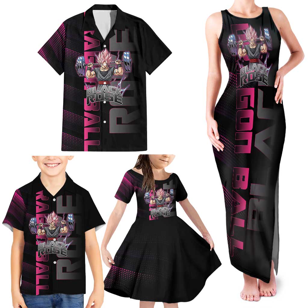 Goku Black Rose Dragon Ball Gym Theme Family Matching Tank Maxi Dress and Hawaiian Shirt with Dumbbell Power Lift and Pink Electric Aura on Black Design