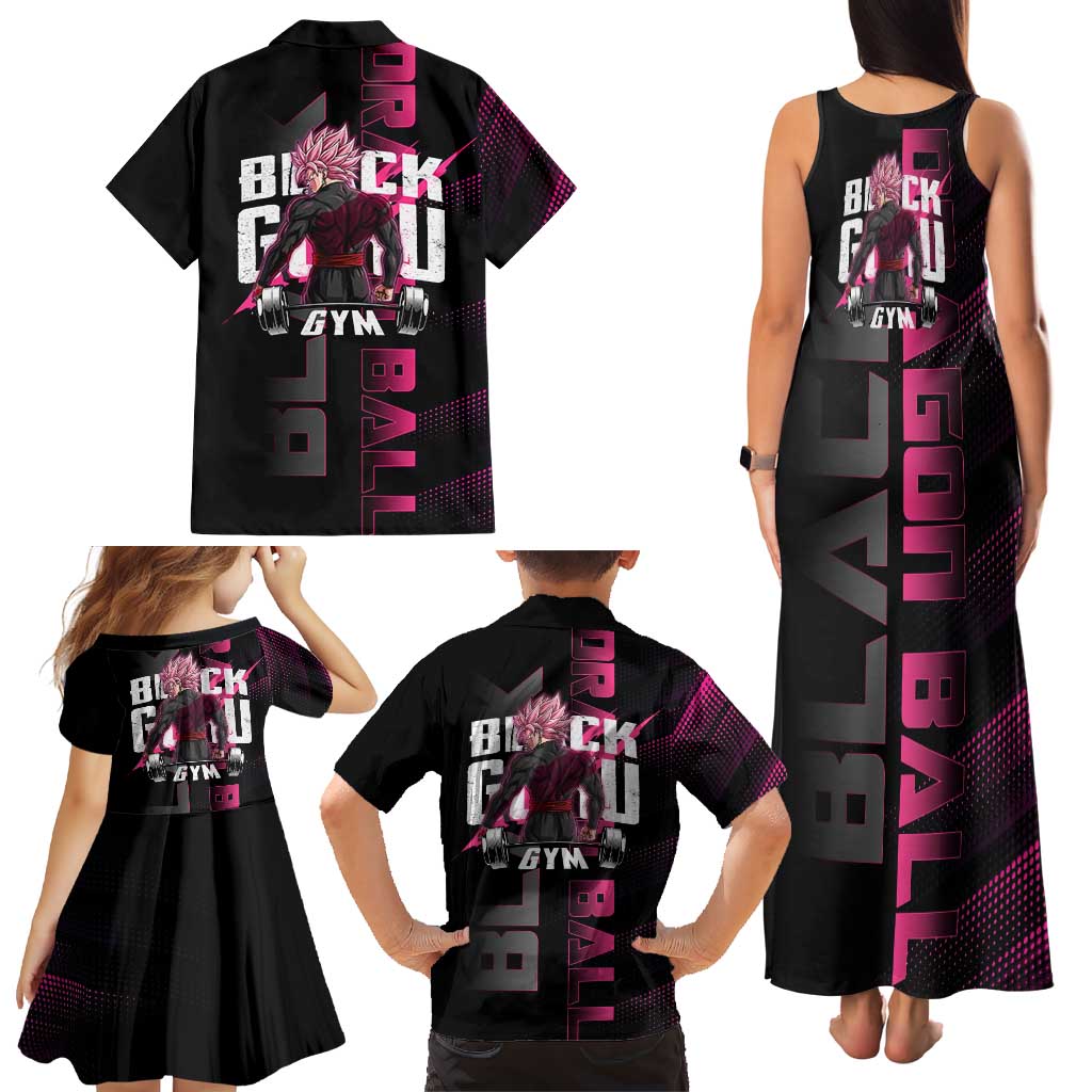 Goku Black Rose Dragon Ball Gym Theme Family Matching Tank Maxi Dress and Hawaiian Shirt with Dumbbell Power Lift and Pink Electric Aura on Black Design