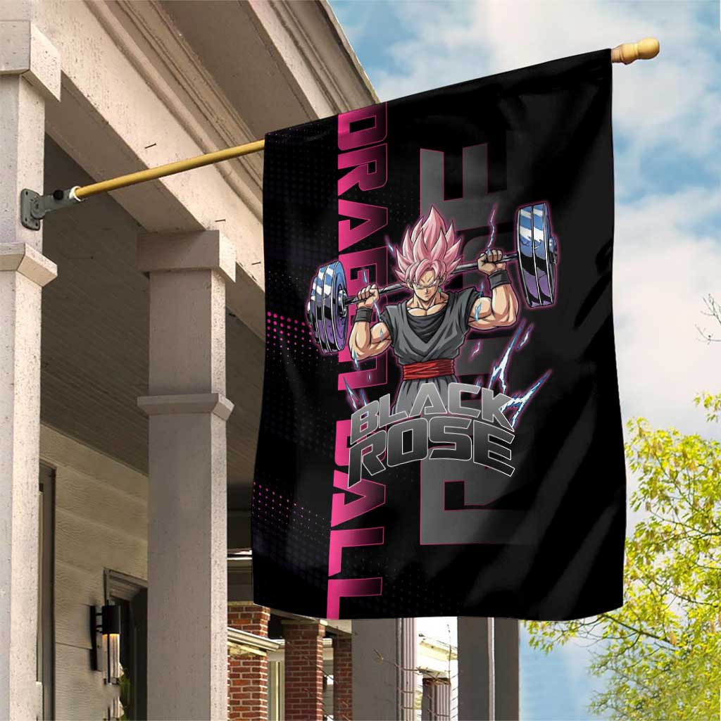 Goku Black Rose Dragon Ball Gym Theme Garden Flag with Dumbbell Power Lift and Pink Electric Aura on Black Design - The Mazicc