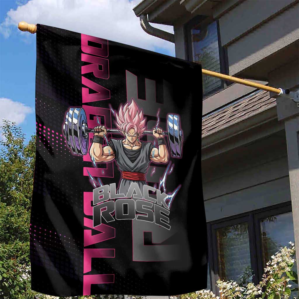 Goku Black Rose Dragon Ball Gym Theme Garden Flag with Dumbbell Power Lift and Pink Electric Aura on Black Design - The Mazicc
