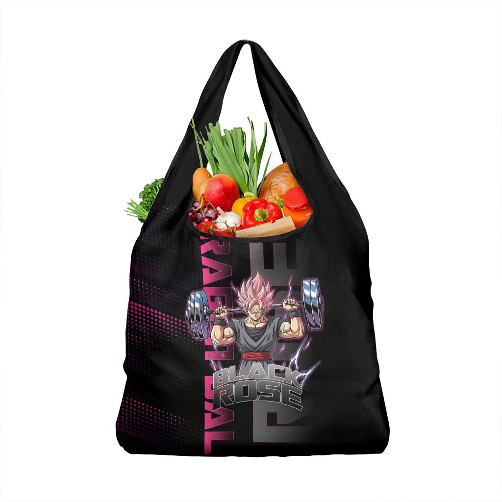 Goku Black Rose Dragon Ball Gym Theme Grocery Bag with Dumbbell Power Lift and Pink Electric Aura on Black Design - The Mazicc