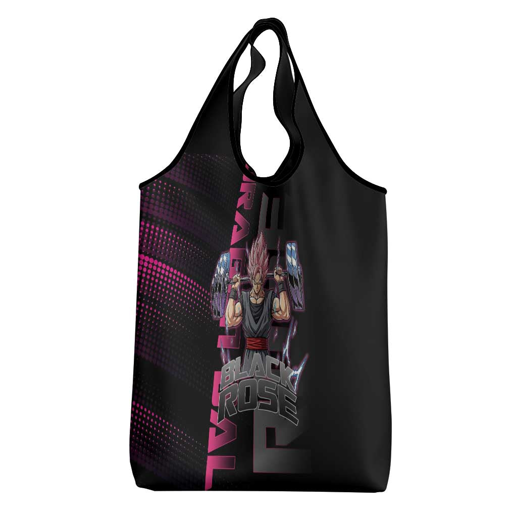 Goku Black Rose Dragon Ball Gym Theme Grocery Bag with Dumbbell Power Lift and Pink Electric Aura on Black Design - The Mazicc
