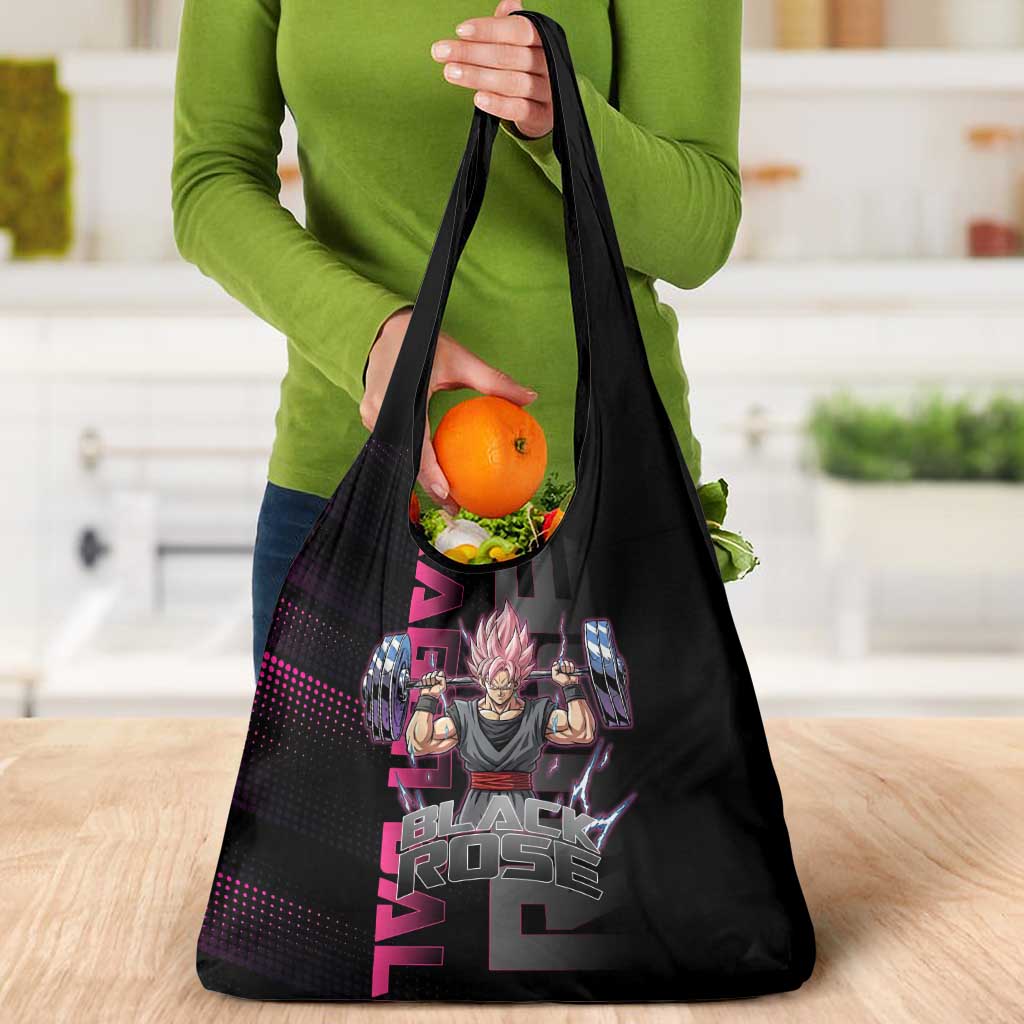 Goku Black Rose Dragon Ball Gym Theme Grocery Bag with Dumbbell Power Lift and Pink Electric Aura on Black Design - The Mazicc