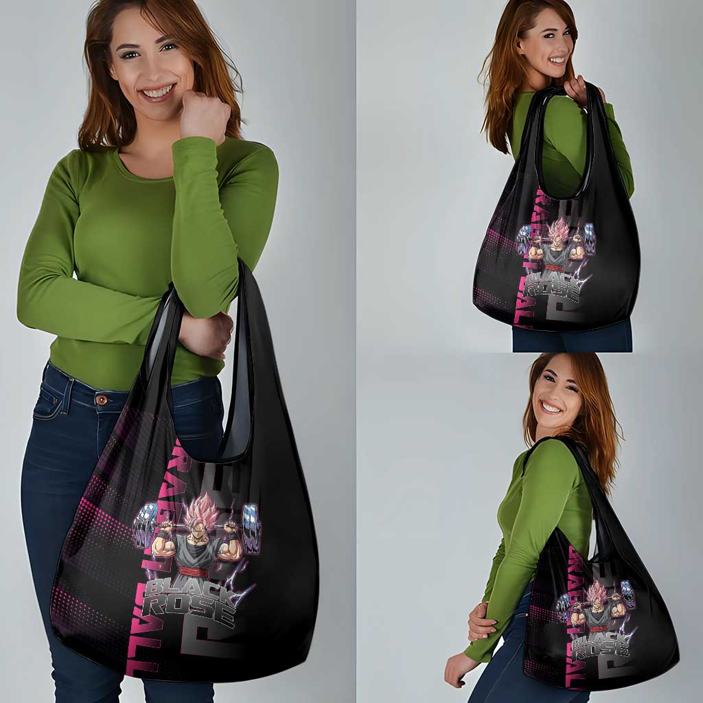 Goku Black Rose Dragon Ball Gym Theme Grocery Bag with Dumbbell Power Lift and Pink Electric Aura on Black Design - The Mazicc