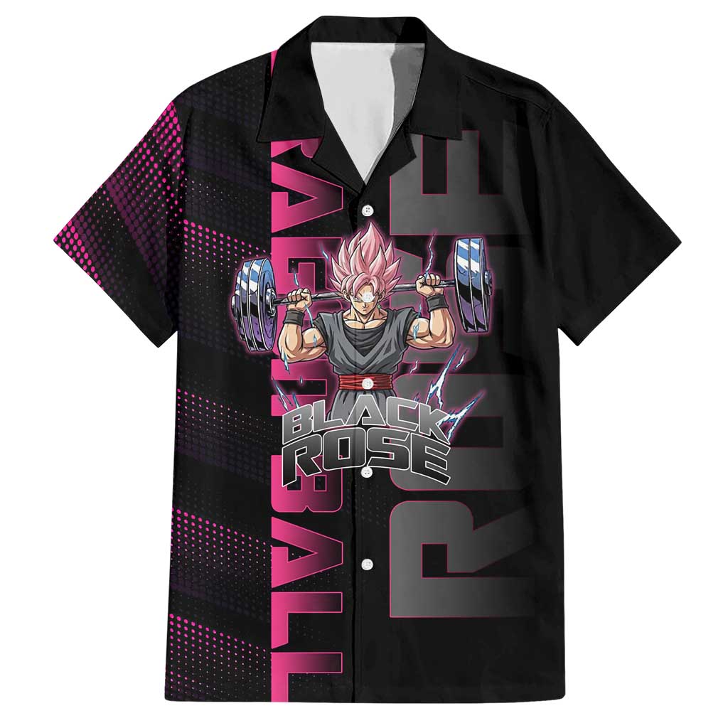 Goku Black Rose Dragon Ball Gym Theme Hawaiian Shirt with Dumbbell Power Lift and Pink Electric Aura on Black Design - The Mazicc