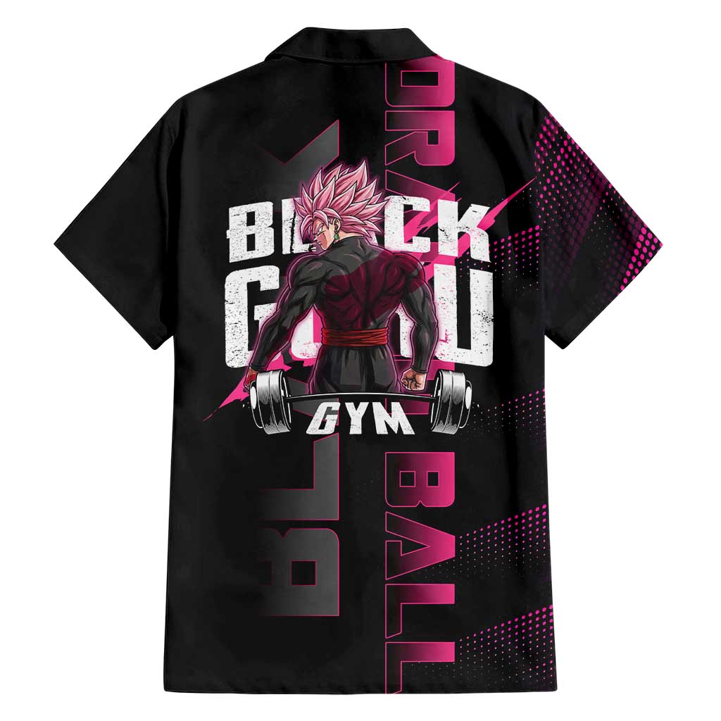 Goku Black Rose Dragon Ball Gym Theme Hawaiian Shirt with Dumbbell Power Lift and Pink Electric Aura on Black Design - The Mazicc