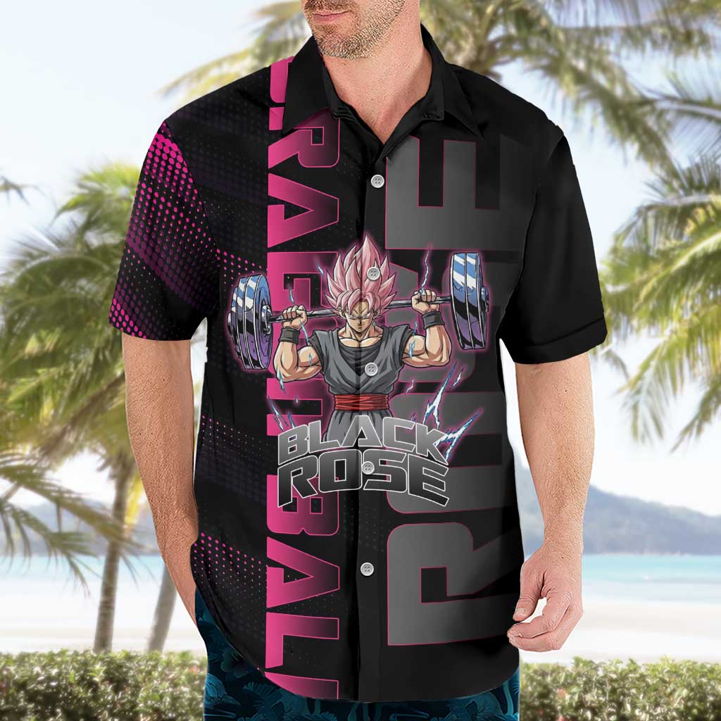 Goku Black Rose Dragon Ball Gym Theme Hawaiian Shirt with Dumbbell Power Lift and Pink Electric Aura on Black Design - The Mazicc