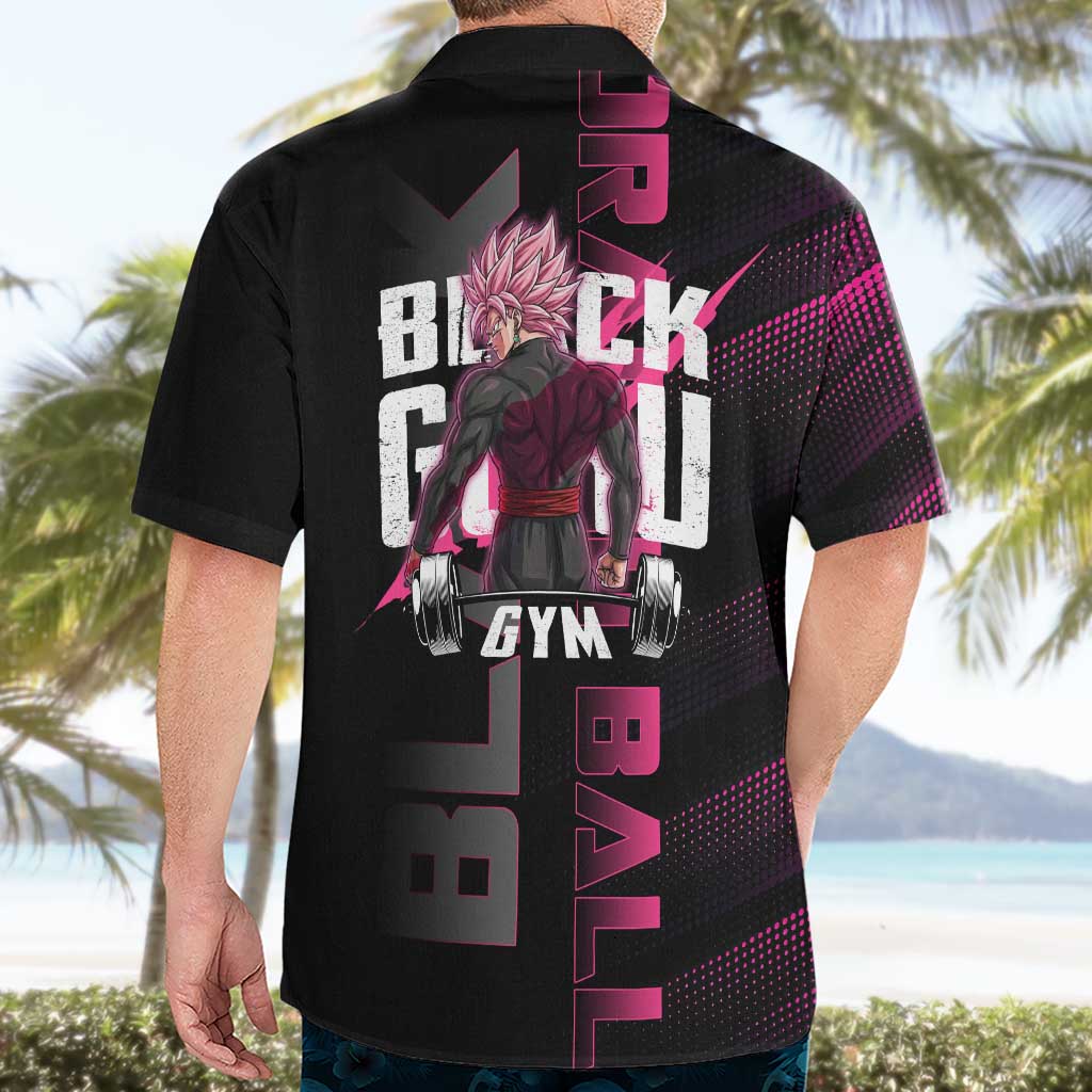 Goku Black Rose Dragon Ball Gym Theme Hawaiian Shirt with Dumbbell Power Lift and Pink Electric Aura on Black Design - The Mazicc