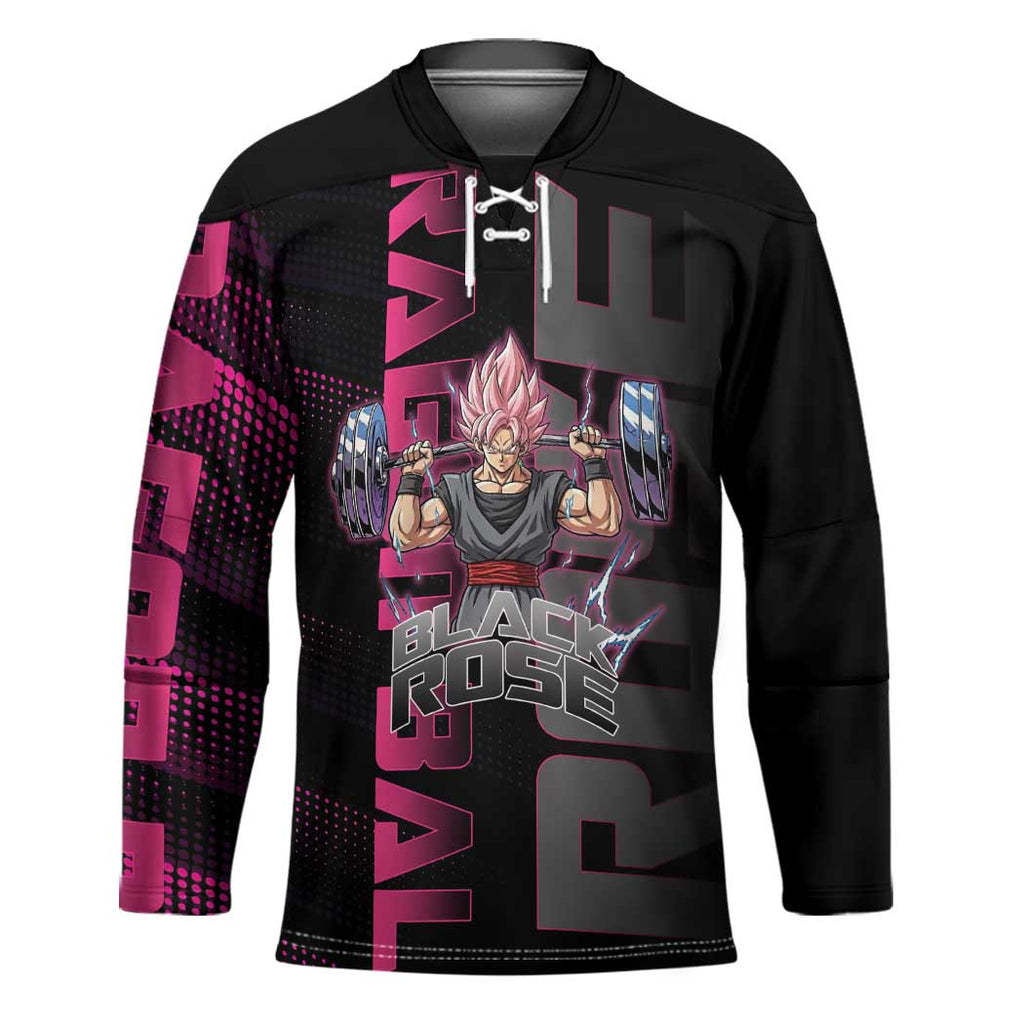 Goku Black Rose Dragon Ball Gym Theme Hockey Jersey with Dumbbell Power Lift and Pink Electric Aura on Black Design - The Mazicc