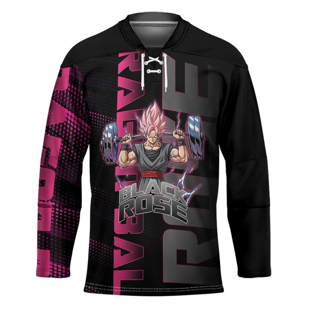 Goku Black Rose Dragon Ball Gym Theme Hockey Jersey with Dumbbell Power Lift and Pink Electric Aura on Black Design - The Mazicc