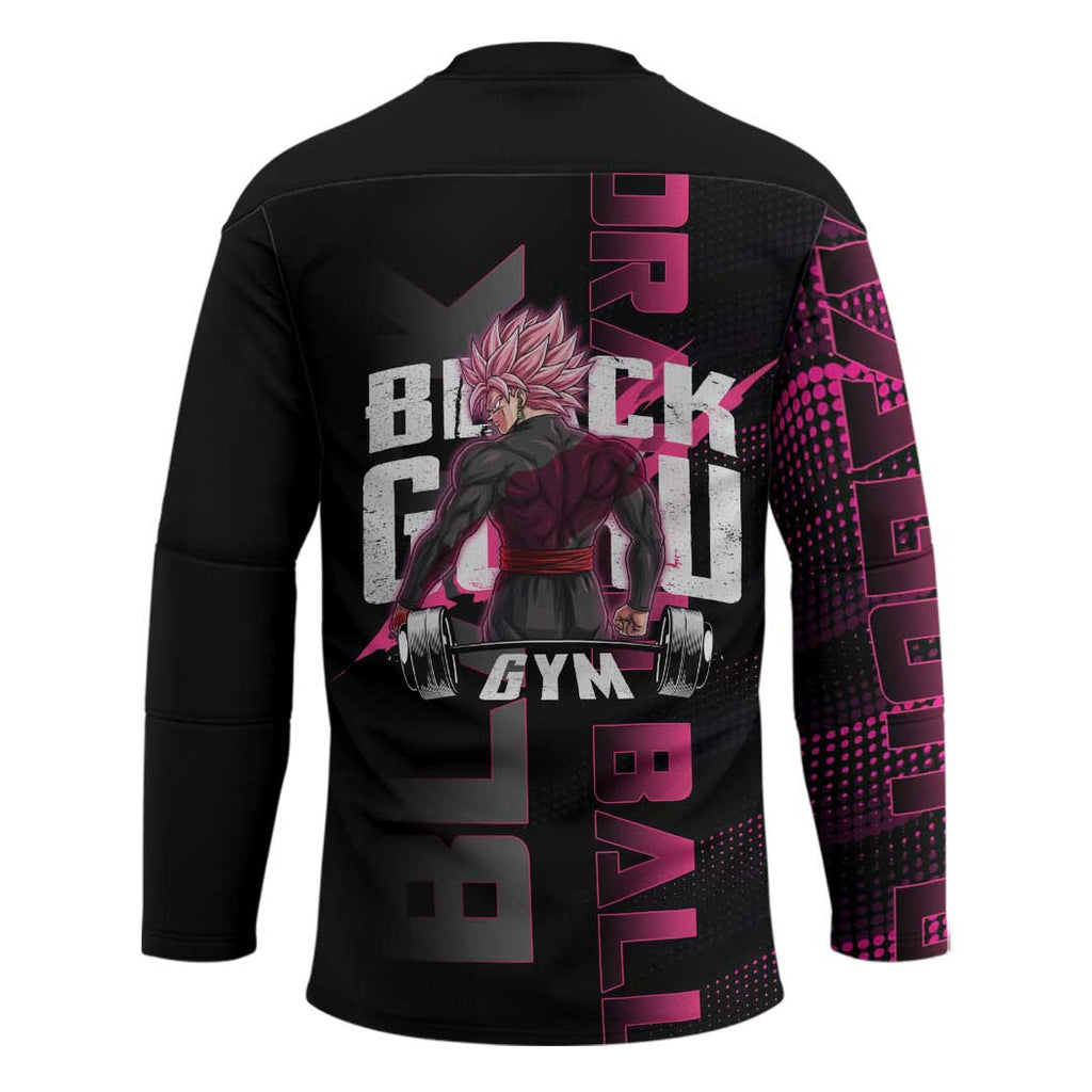 Goku Black Rose Dragon Ball Gym Theme Hockey Jersey with Dumbbell Power Lift and Pink Electric Aura on Black Design - The Mazicc