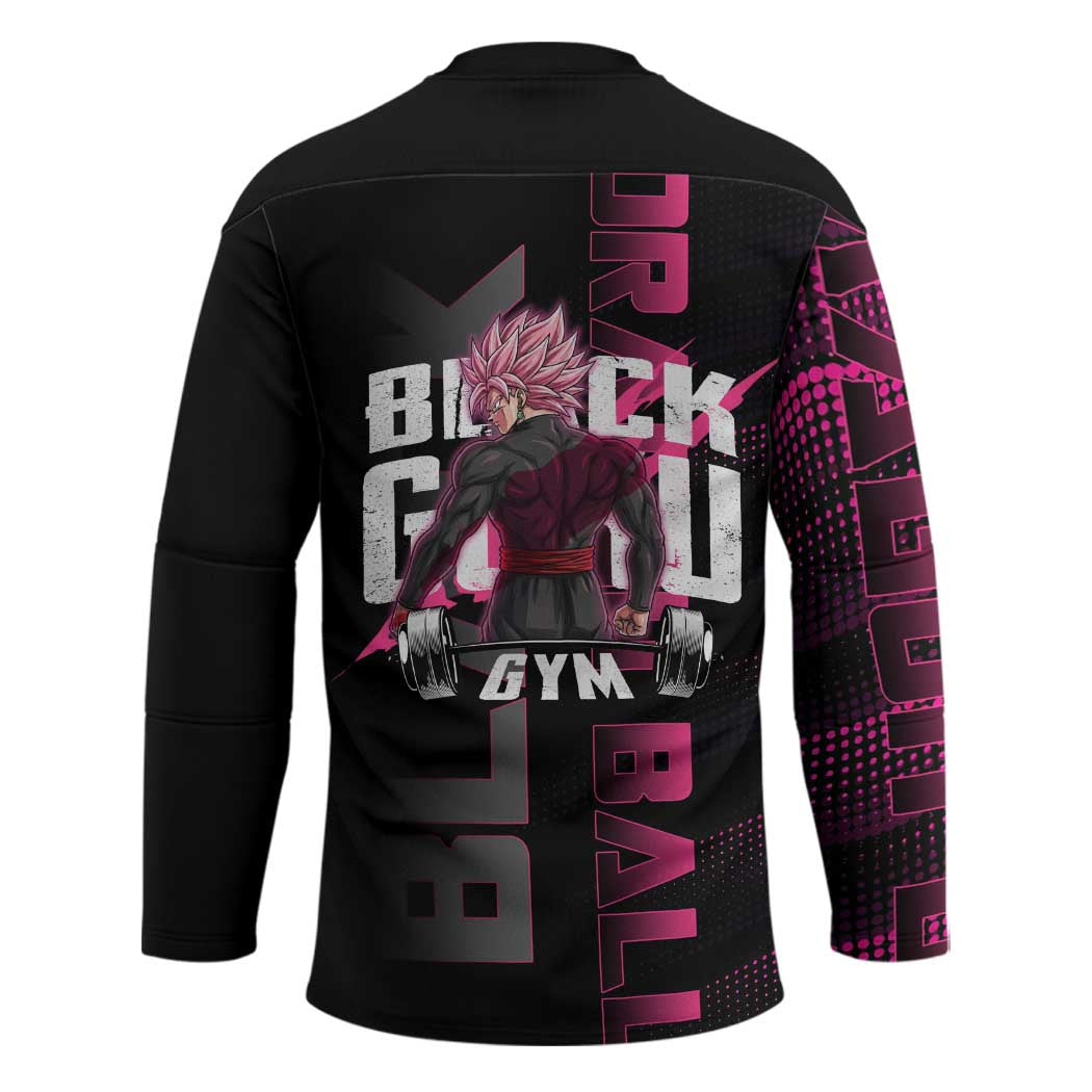 Goku Black Rose Dragon Ball Gym Theme Hockey Jersey with Dumbbell Power Lift and Pink Electric Aura on Black Design - The Mazicc