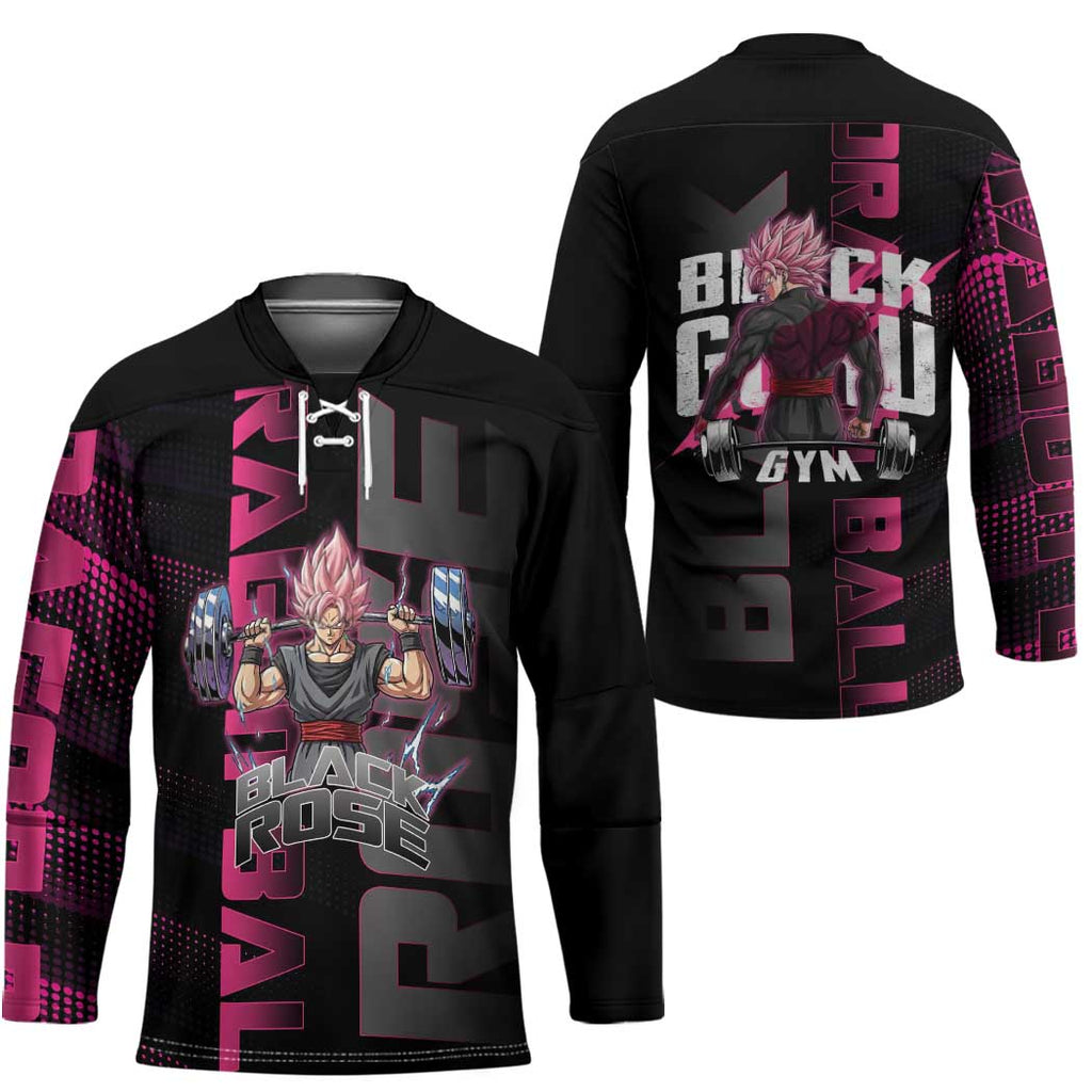 Goku Black Rose Dragon Ball Gym Theme Hockey Jersey with Dumbbell Power Lift and Pink Electric Aura on Black Design - The Mazicc
