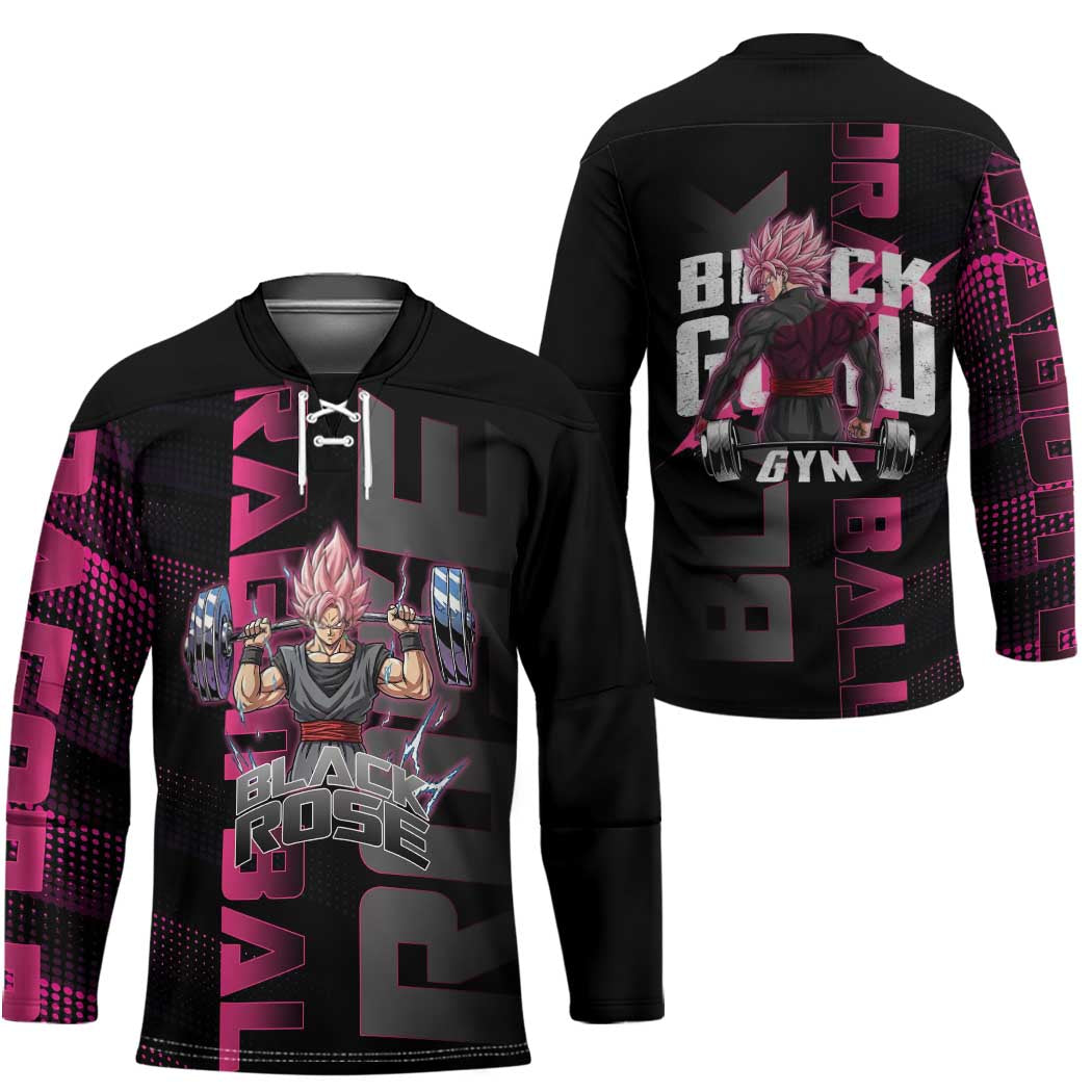Goku Black Rose Dragon Ball Gym Theme Hockey Jersey with Dumbbell Power Lift and Pink Electric Aura on Black Design - The Mazicc
