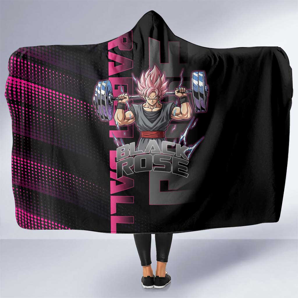 Goku Black Rose Dragon Ball Gym Theme Hooded Blanket with Dumbbell Power Lift and Pink Electric Aura on Black Design - The Mazicc