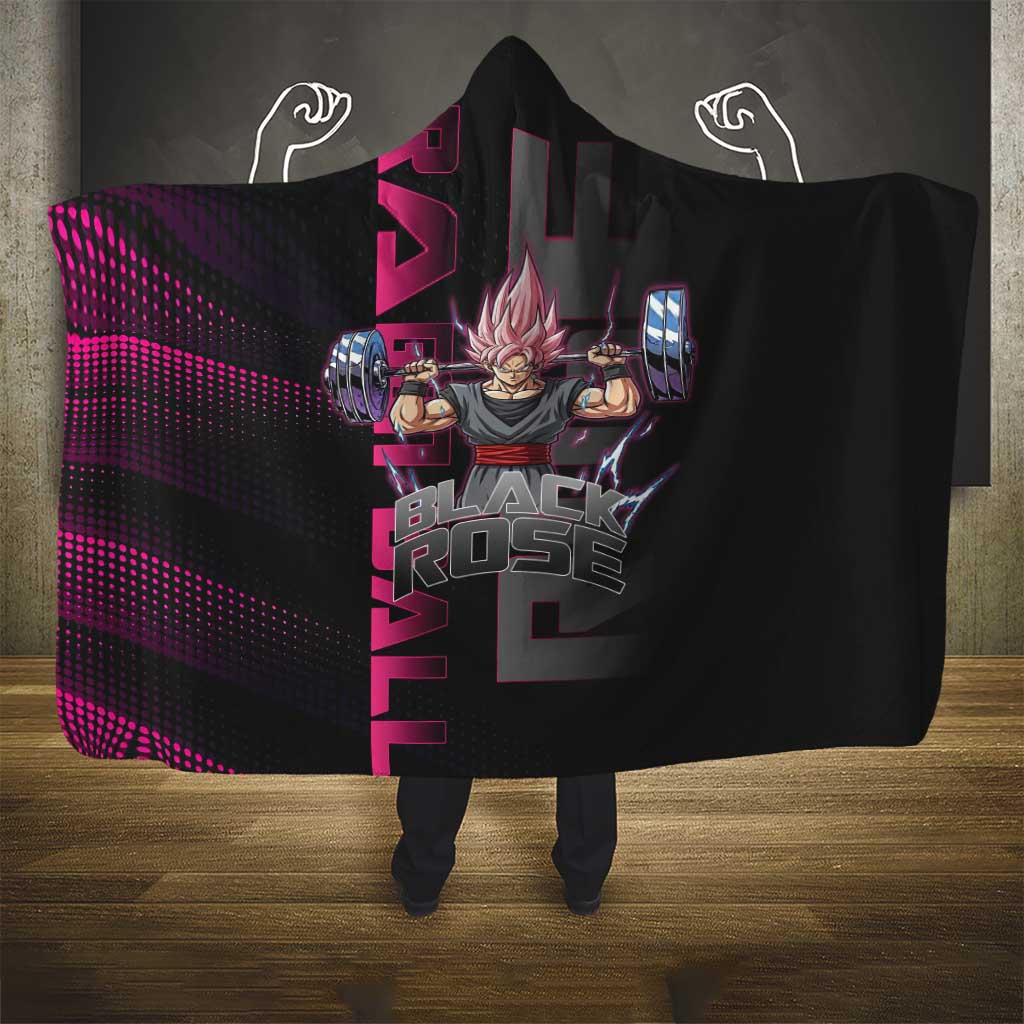 Goku Black Rose Dragon Ball Gym Theme Hooded Blanket with Dumbbell Power Lift and Pink Electric Aura on Black Design - The Mazicc