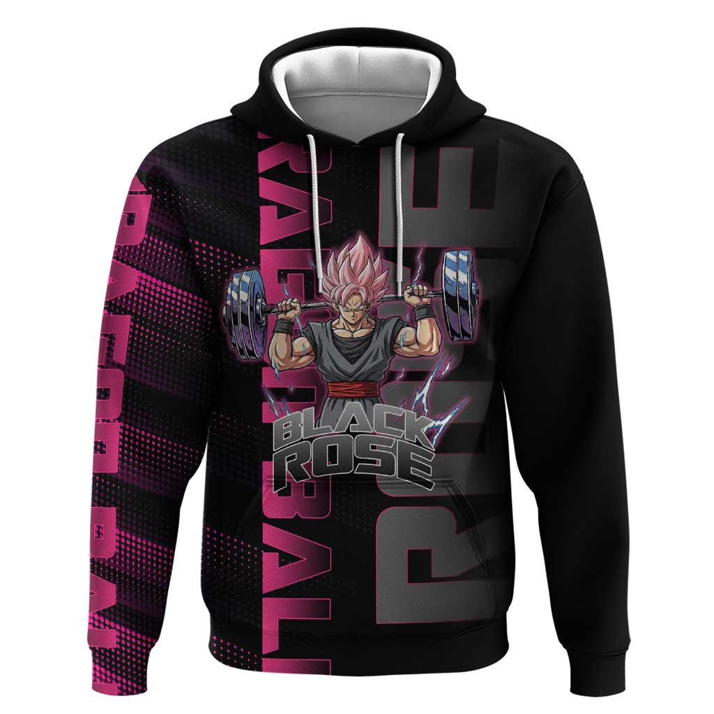 Goku Black Rose Dragon Ball Gym Theme Hoodie with Dumbbell Power Lift and Pink Electric Aura on Black Design - The Mazicc
