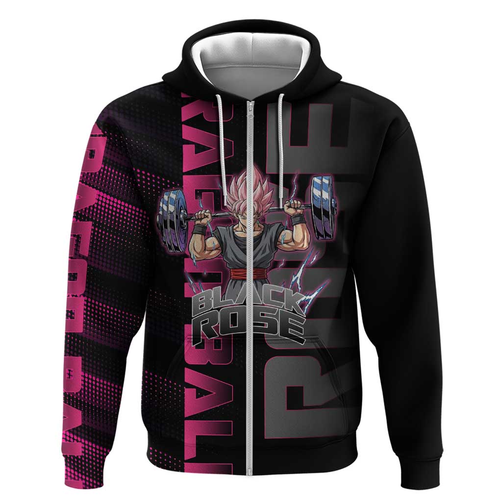 Goku Black Rose Dragon Ball Gym Theme Hoodie with Dumbbell Power Lift and Pink Electric Aura on Black Design - The Mazicc