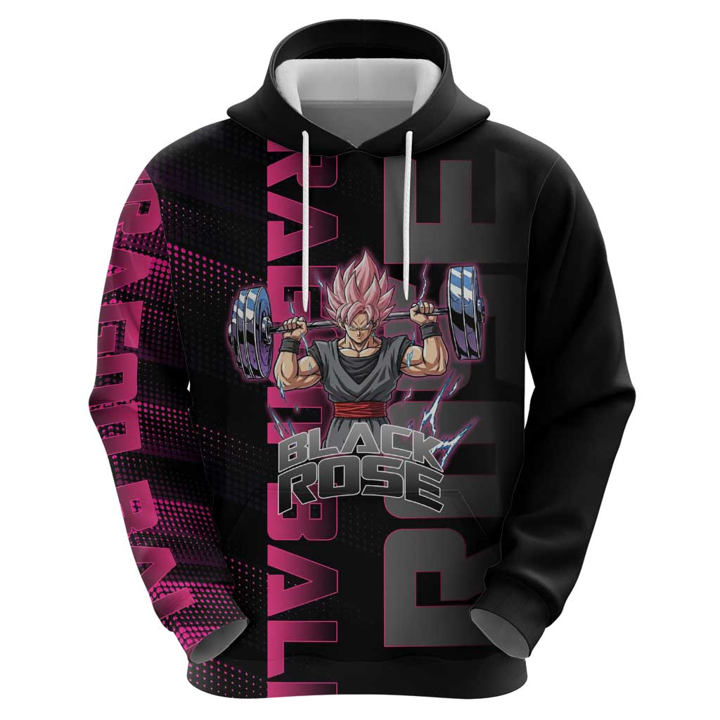 Goku Black Rose Dragon Ball Gym Theme Hoodie with Dumbbell Power Lift and Pink Electric Aura on Black Design - The Mazicc
