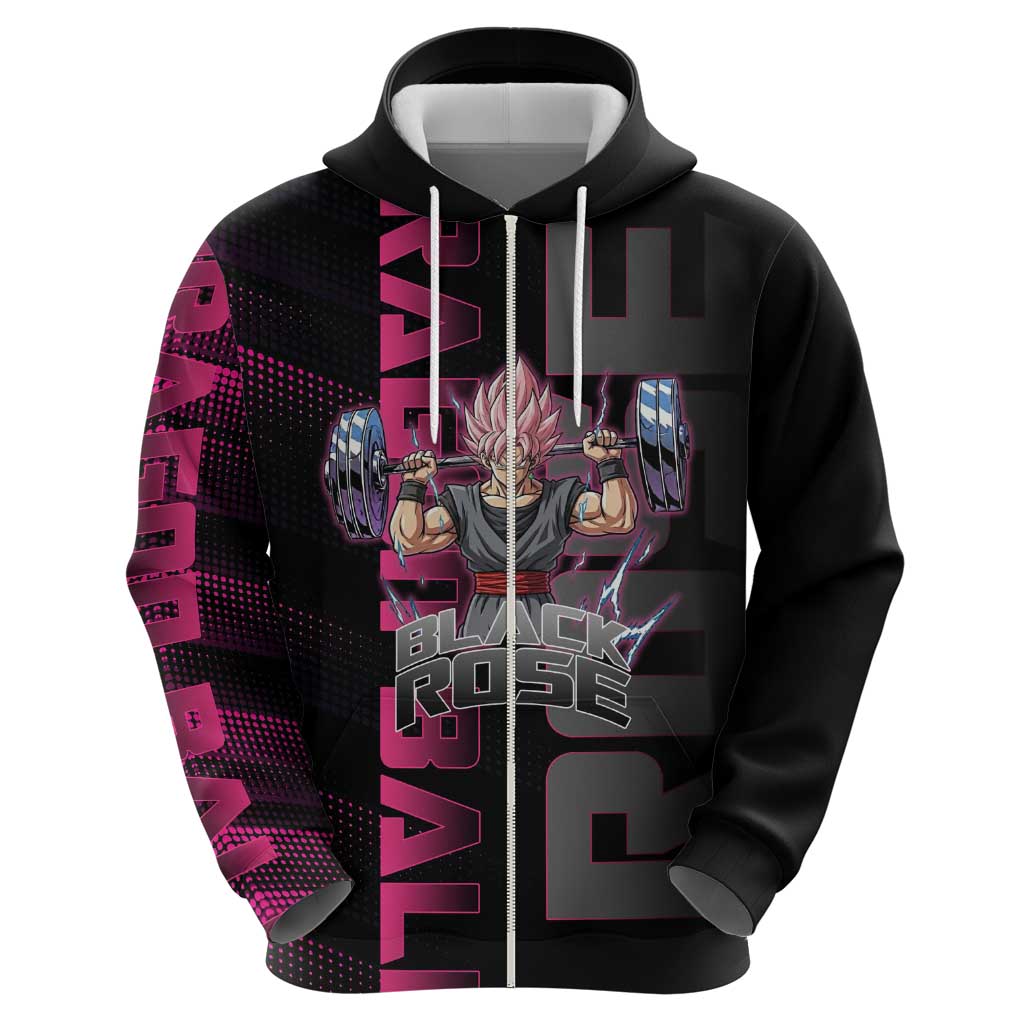 Goku Black Rose Dragon Ball Gym Theme Hoodie with Dumbbell Power Lift and Pink Electric Aura on Black Design - The Mazicc