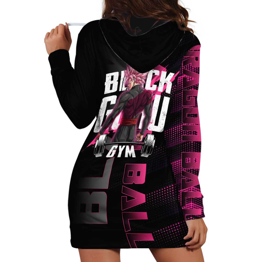 Goku Black Rose Dragon Ball Gym Theme Hoodie Dress with Dumbbell Power Lift and Pink Electric Aura on Black Design - The Mazicc