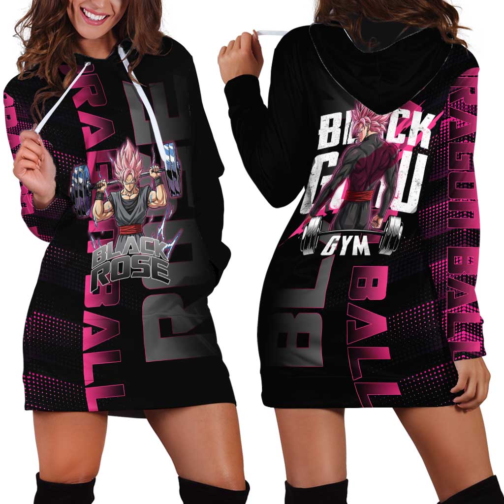 Goku Black Rose Dragon Ball Gym Theme Hoodie Dress with Dumbbell Power Lift and Pink Electric Aura on Black Design - The Mazicc