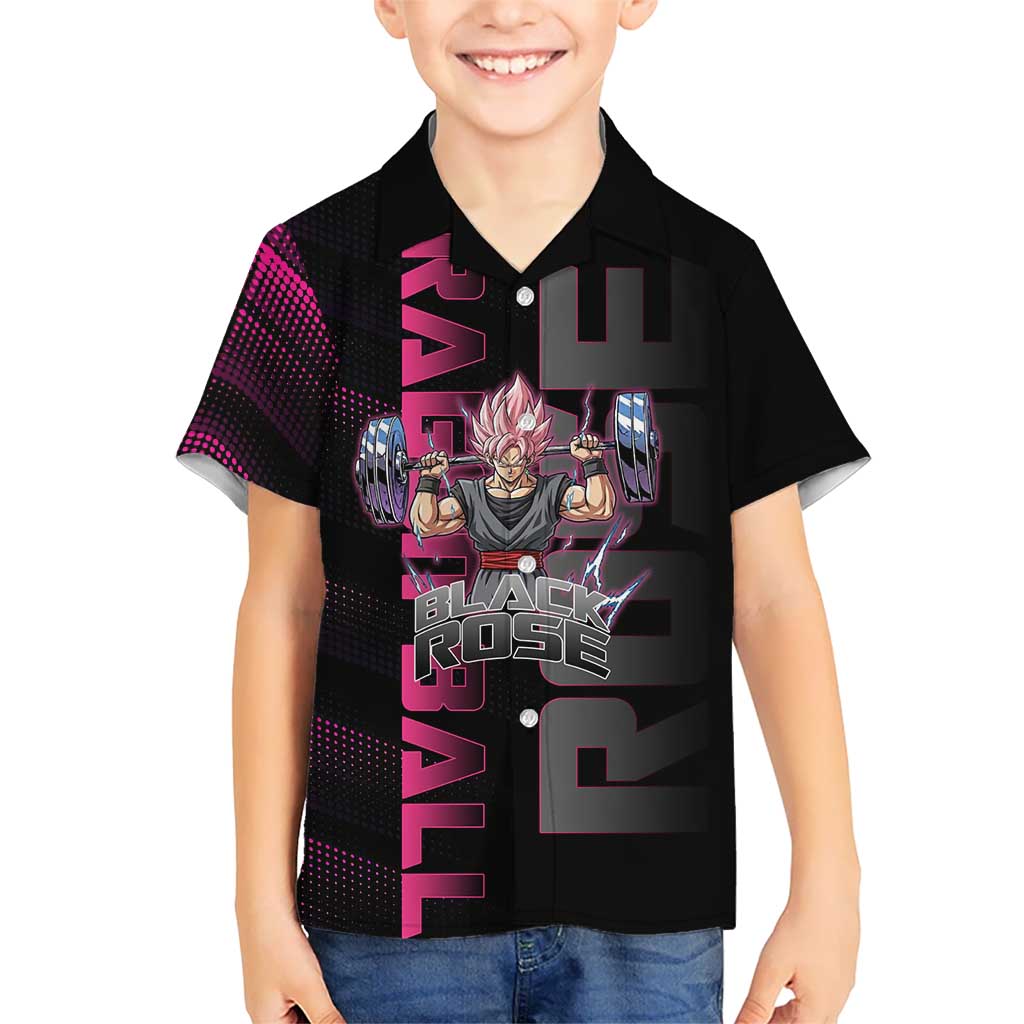 Goku Black Rose Dragon Ball Gym Theme Kid Hawaiian Shirt with Dumbbell Power Lift and Pink Electric Aura on Black Design - The Mazicc