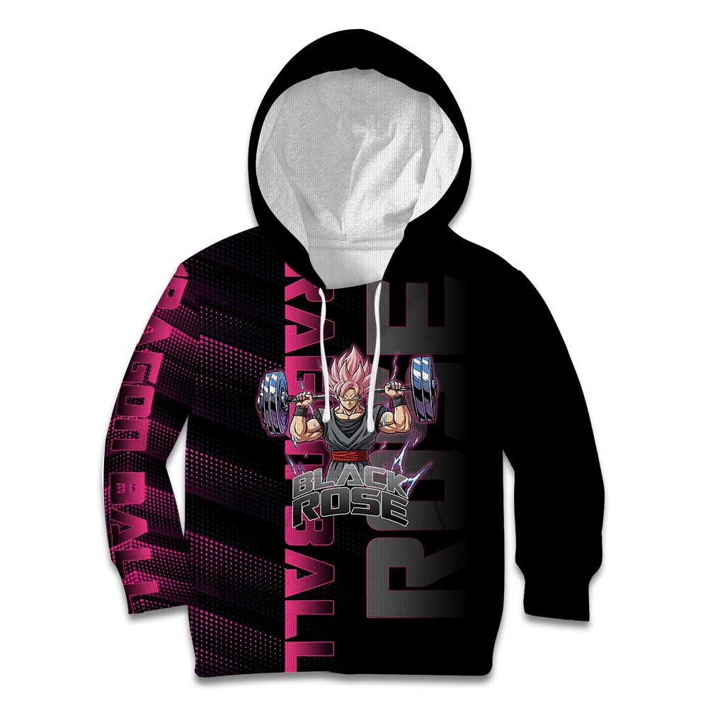 Goku Black Rose Dragon Ball Gym Theme Kid Hoodie with Dumbbell Power Lift and Pink Electric Aura on Black Design - The Mazicc