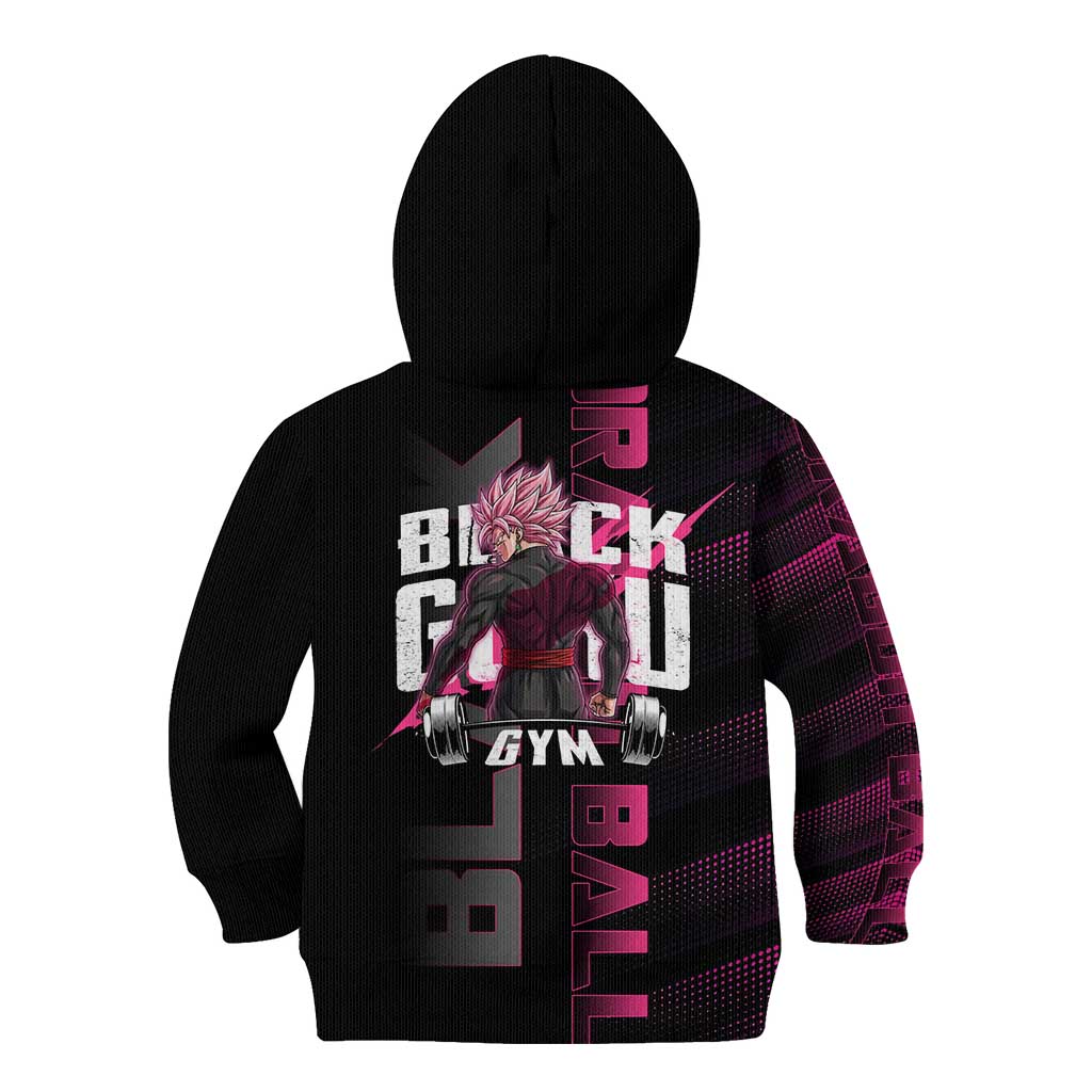 Goku Black Rose Dragon Ball Gym Theme Kid Hoodie with Dumbbell Power Lift and Pink Electric Aura on Black Design - The Mazicc