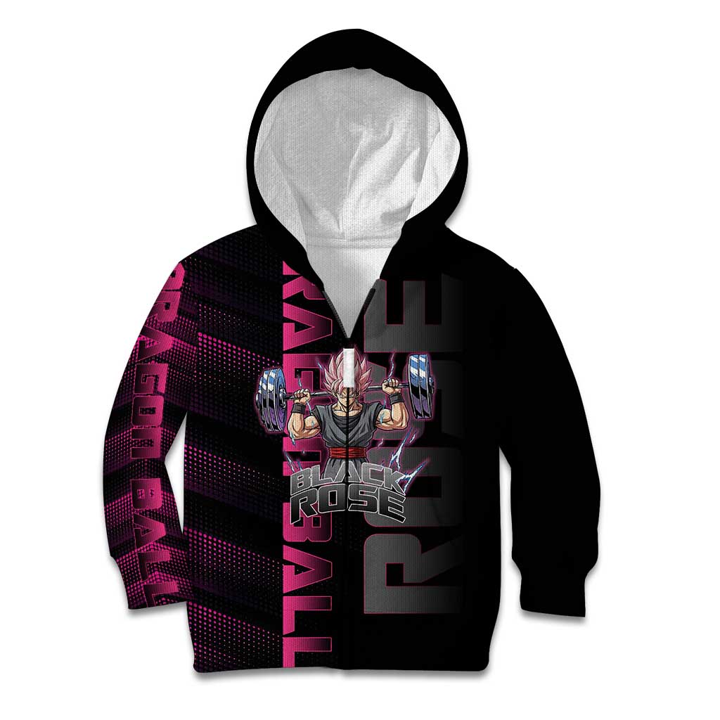 Goku Black Rose Dragon Ball Gym Theme Kid Hoodie with Dumbbell Power Lift and Pink Electric Aura on Black Design - The Mazicc