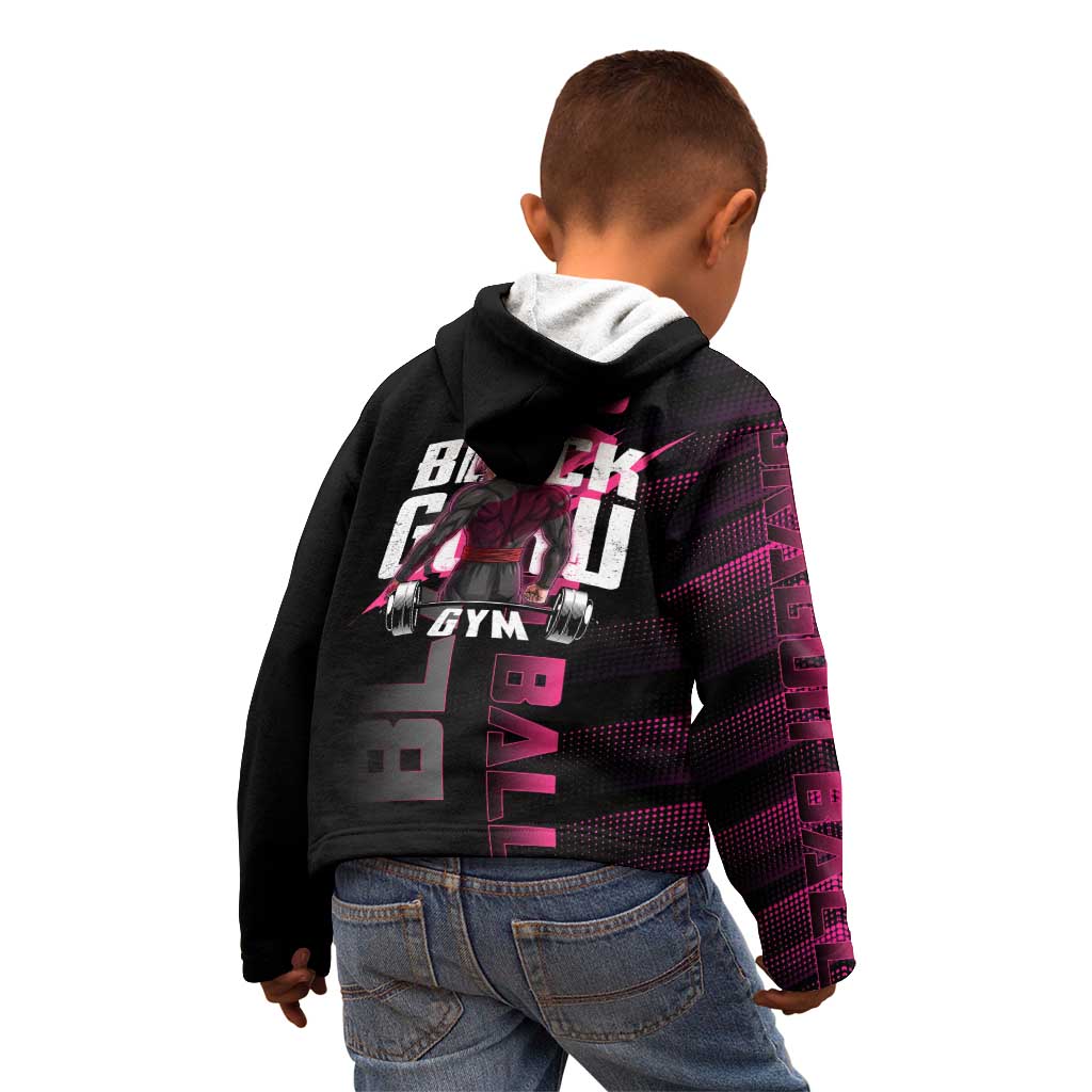 Goku Black Rose Dragon Ball Gym Theme Kid Hoodie with Dumbbell Power Lift and Pink Electric Aura on Black Design - The Mazicc