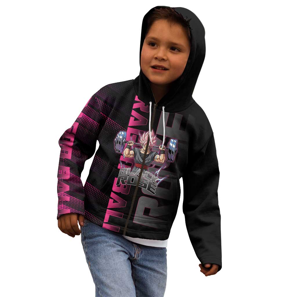 Goku Black Rose Dragon Ball Gym Theme Kid Hoodie with Dumbbell Power Lift and Pink Electric Aura on Black Design - The Mazicc