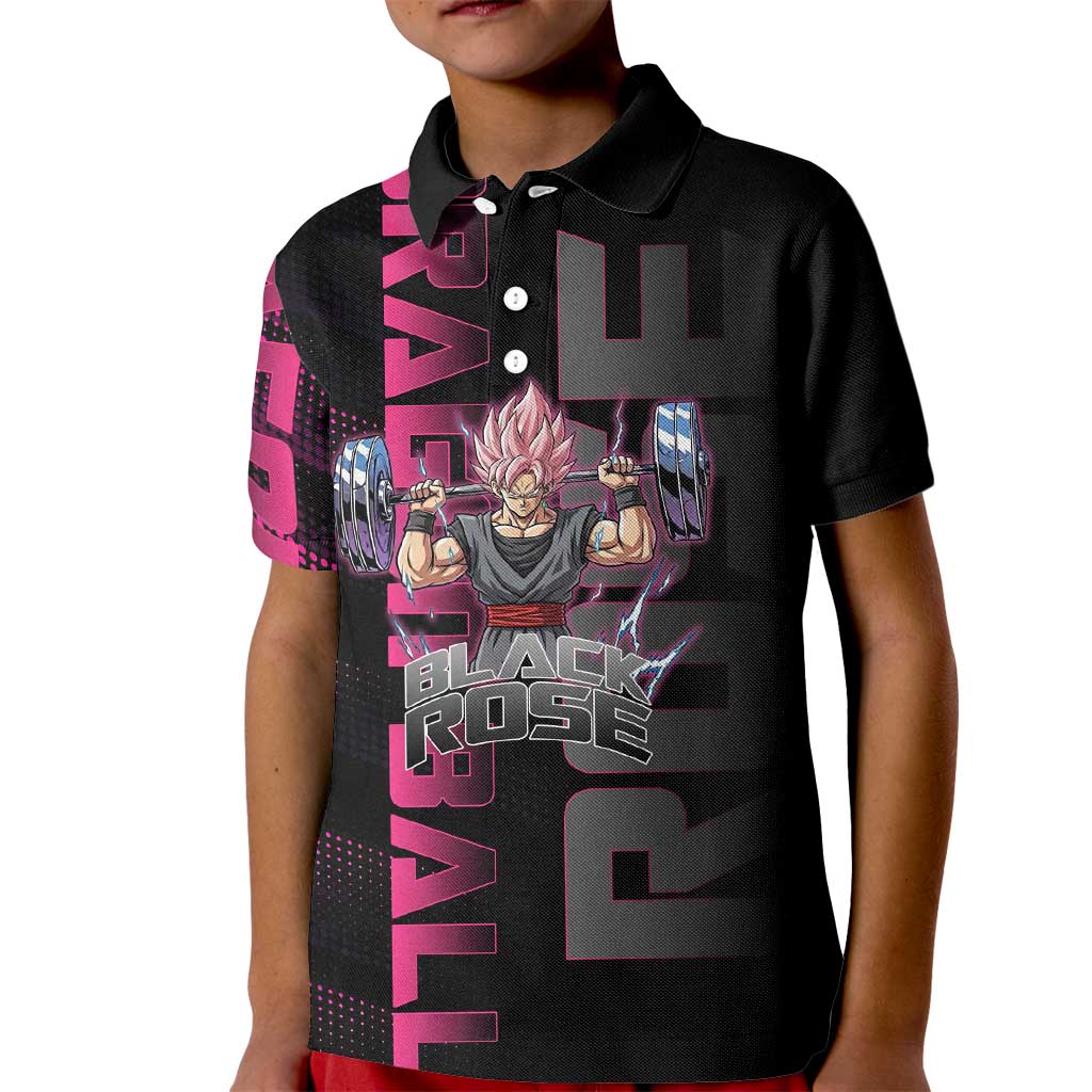 Goku Black Rose Dragon Ball Gym Theme Kid Polo Shirt with Dumbbell Power Lift and Pink Electric Aura on Black Design - The Mazicc