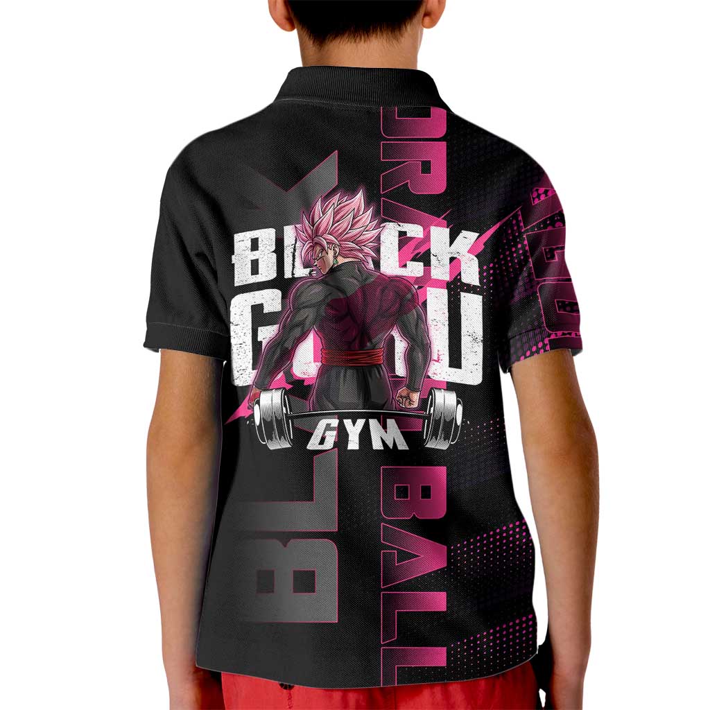 Goku Black Rose Dragon Ball Gym Theme Kid Polo Shirt with Dumbbell Power Lift and Pink Electric Aura on Black Design - The Mazicc