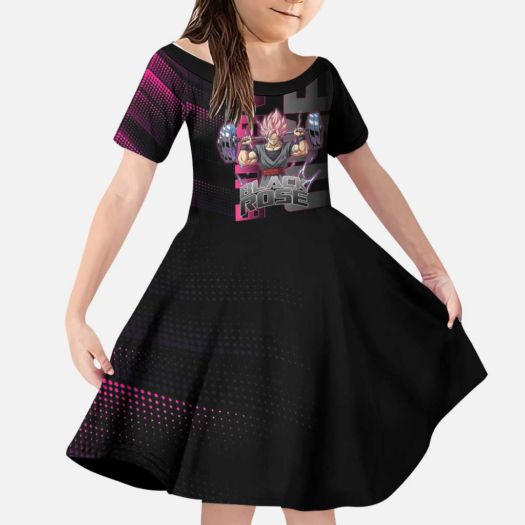 Goku Black Rose Dragon Ball Gym Theme Kid Short Sleeve Dress with Dumbbell Power Lift and Pink Electric Aura on Black Design - The Mazicc