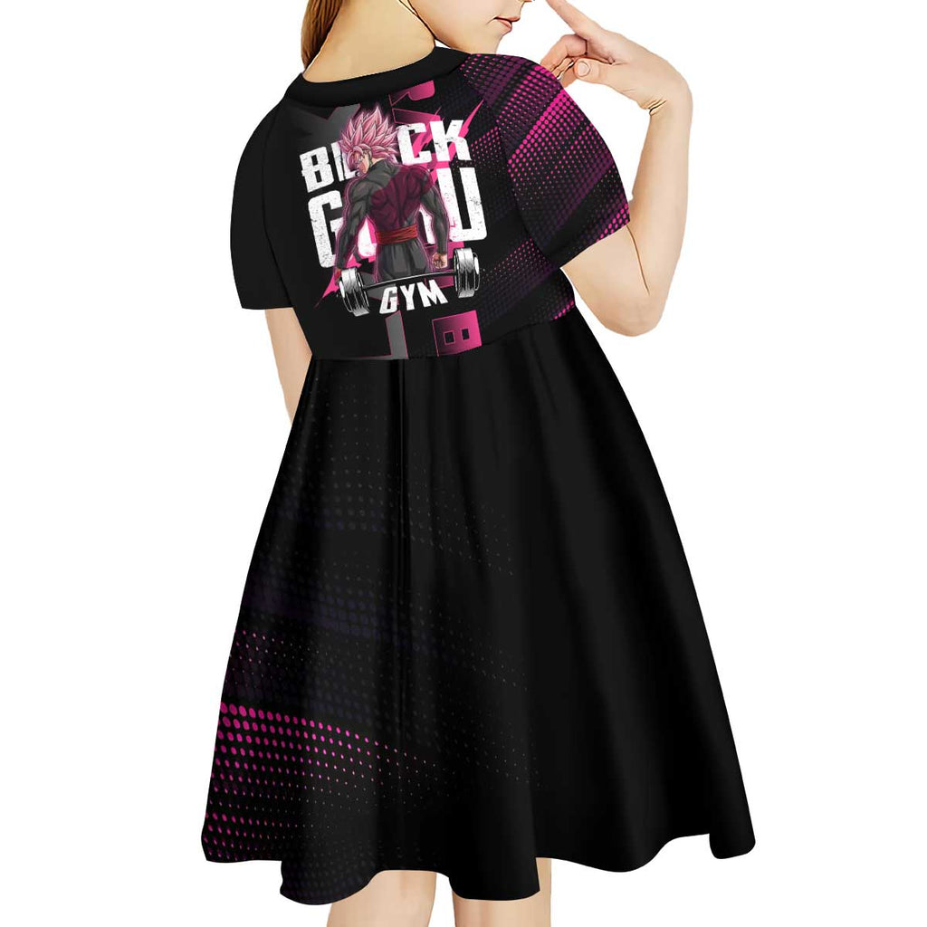 Goku Black Rose Dragon Ball Gym Theme Kid Short Sleeve Dress with Dumbbell Power Lift and Pink Electric Aura on Black Design - The Mazicc