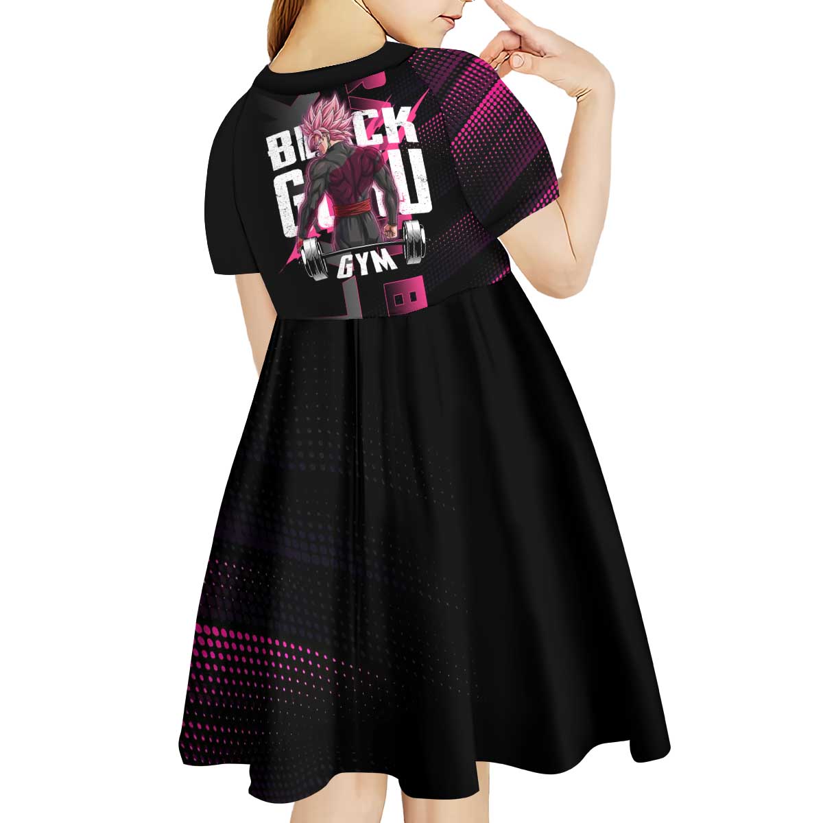 Goku Black Rose Dragon Ball Gym Theme Kid Short Sleeve Dress with Dumbbell Power Lift and Pink Electric Aura on Black Design - The Mazicc