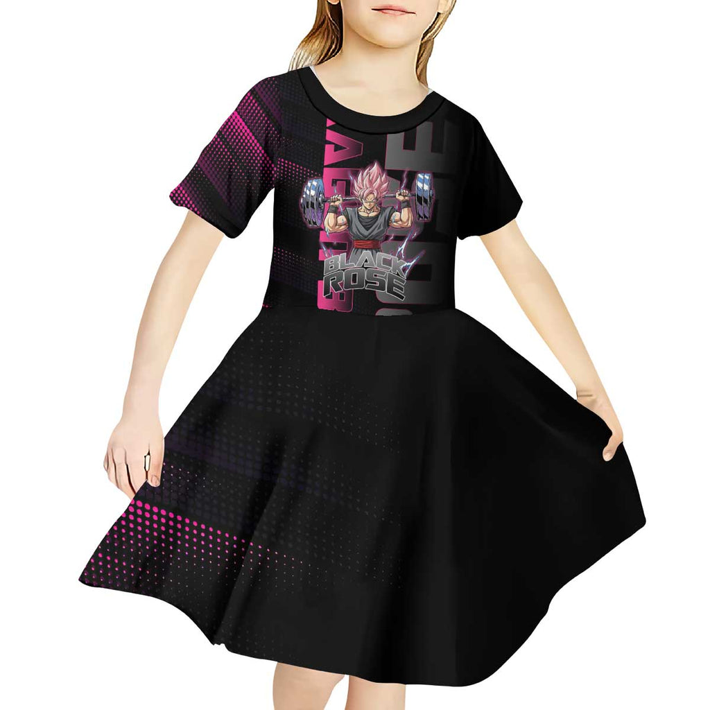 Goku Black Rose Dragon Ball Gym Theme Kid Short Sleeve Dress with Dumbbell Power Lift and Pink Electric Aura on Black Design - The Mazicc